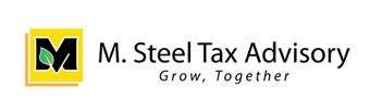 M. Steel Tax Advisory logo with yellow-and-black emblem and tagline “Grow, Together”