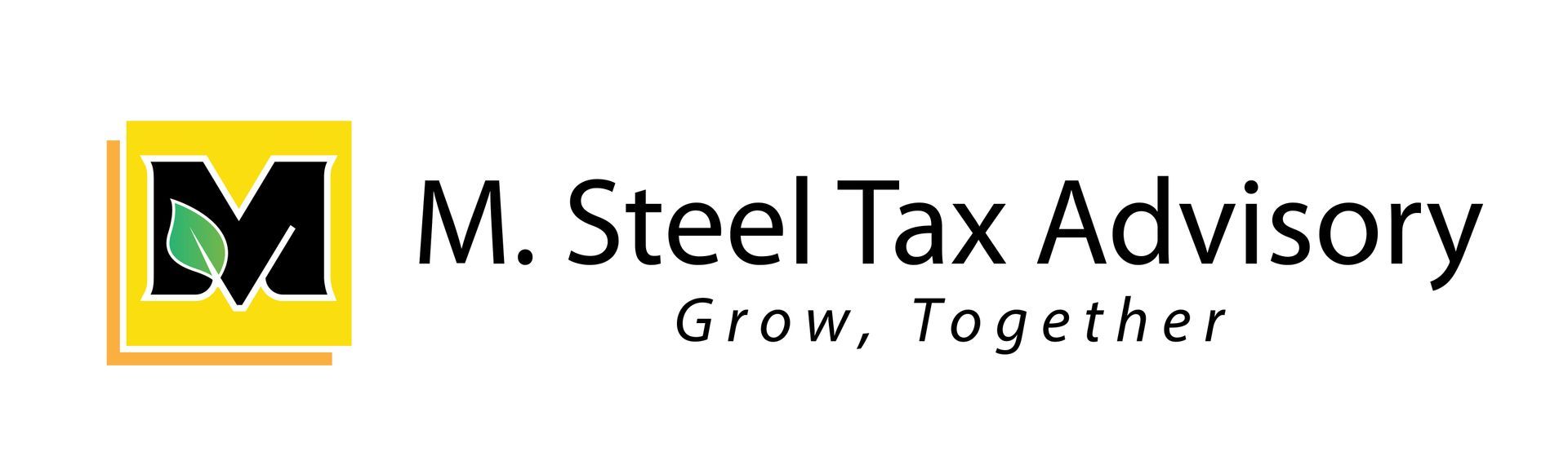 M. Steel Tax Advisory logo with yellow-and-black emblem and tagline “Grow, Together”